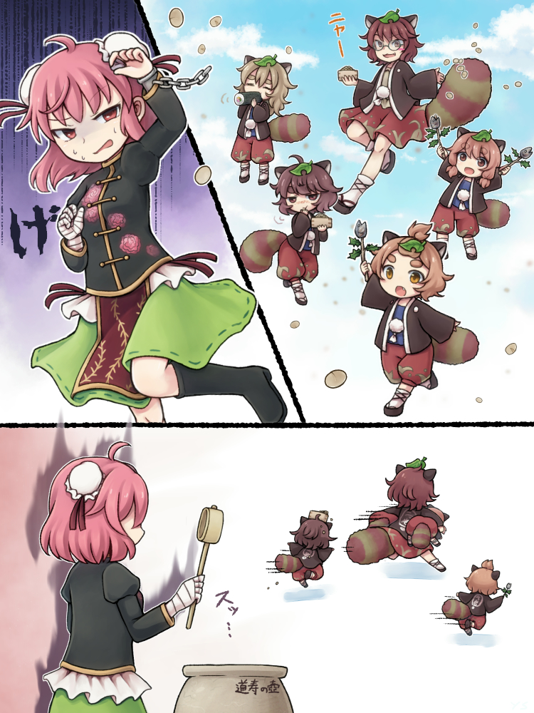 ibaraki kasen, futatsuiwa mamizou, tanuki mob, topknot tanuki, slit-eyed tanuki, and 2 more (touhou and 1 more) drawn by ys_(fall)