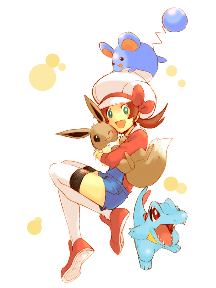 eevee, lyra, totodile, and marill (pokemon and 1 more) drawn by tubomizaki