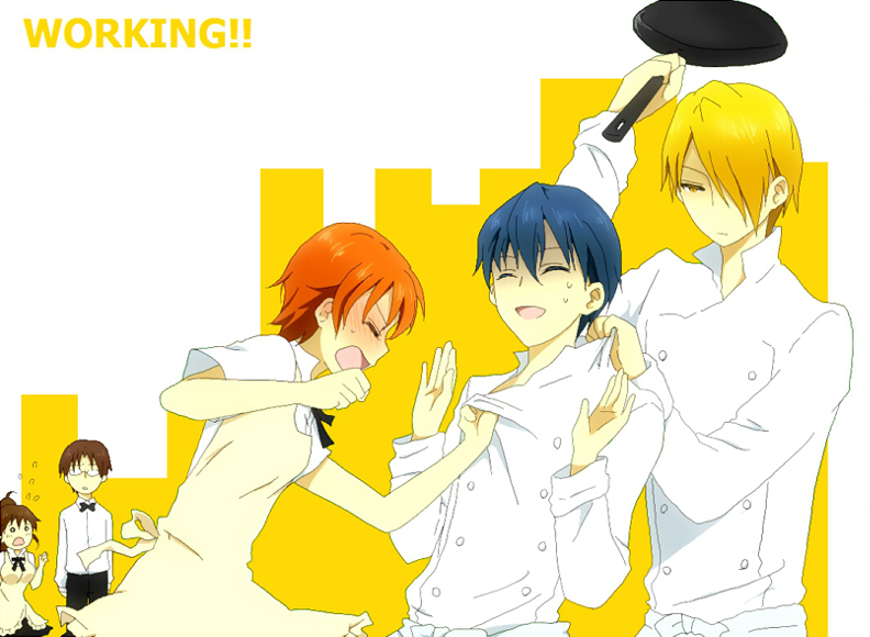 taneshima popura, inami mahiru, satou jun, takanashi souta, and souma hiroomi (working!!) drawn by nanananona