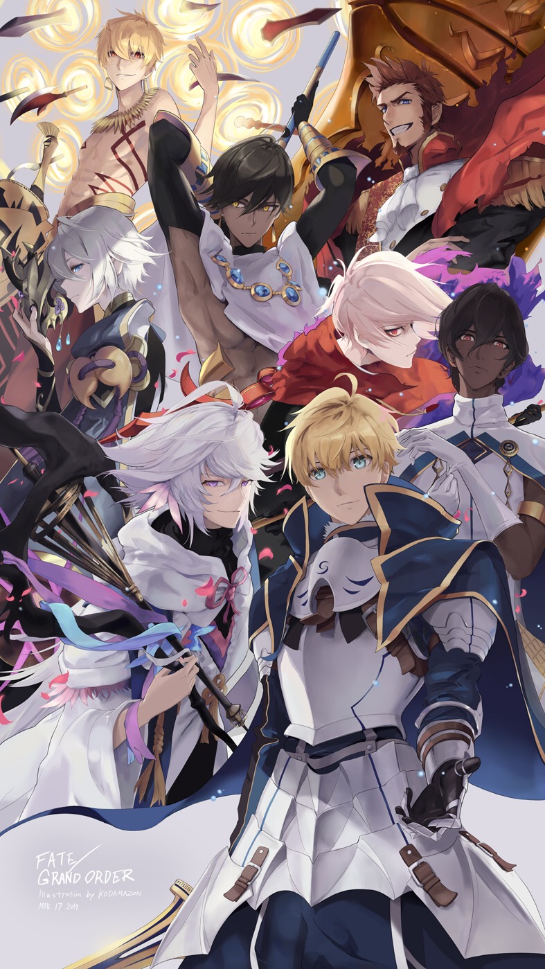 gilgamesh, napoleon bonaparte, merlin, karna, arjuna, and 3 more (fate and 1 more) drawn by kodamazon