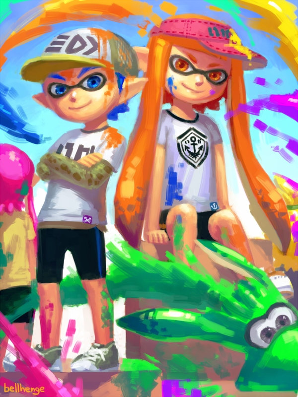 inkling player character, inkling girl, and inkling boy (splatoon and 1 more) drawn by bellhenge