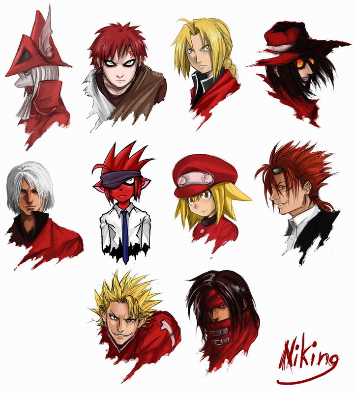 dante, edward elric, vincent valentine, roll caskett, alucard, and 4 more (original and 10 more) drawn by niking