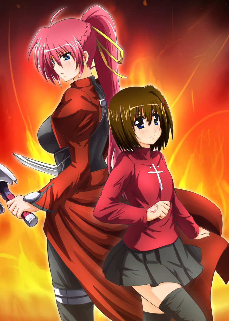tohsaka rin, archer, yagami hayate, signum, laevatein, and 1 more (fate and 4 more) drawn by diesel-turbo