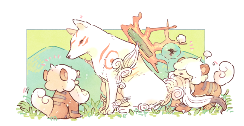amaterasu, hisuian growlithe, and issun (pokemon and 1 more) drawn by katiko