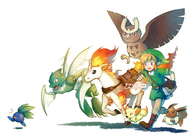 link, eevee, fennekin, oddish, ponyta, and 2 more (pokemon and 2 more) drawn by finni_chang