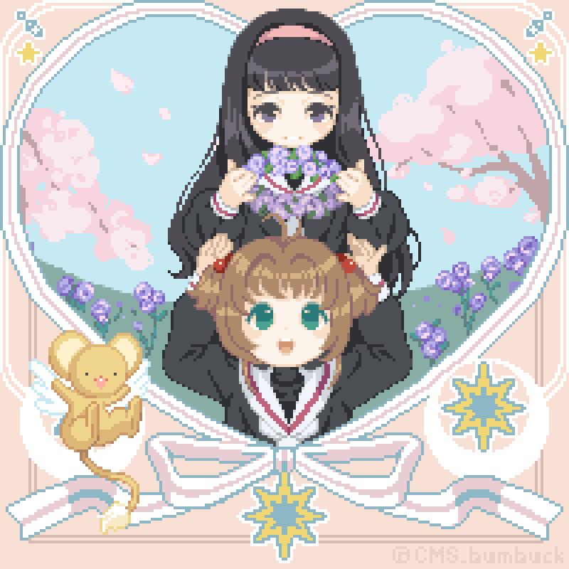 kinomoto sakura, kero, and daidouji tomoyo (cardcaptor sakura) drawn by cms_bumbuck
