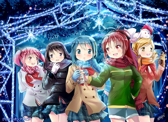 akemi homura, kaname madoka, miki sayaka, sakura kyoko, tomoe mami, and 1 more (mahou shoujo madoka magica) drawn by gleision_adain