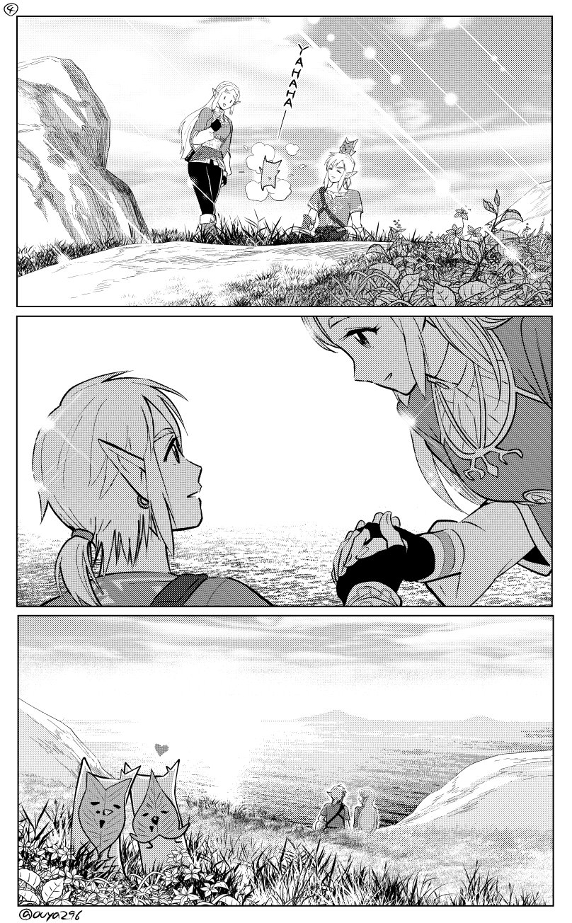 link, princess zelda, and korok (the legend of zelda and 1 more) drawn by ouya_(maboroshimori)