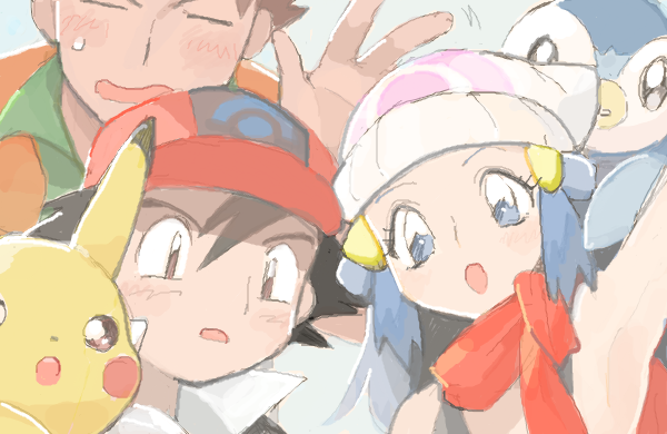 pikachu, dawn, ash ketchum, piplup, and brock (pokemon) drawn by numata