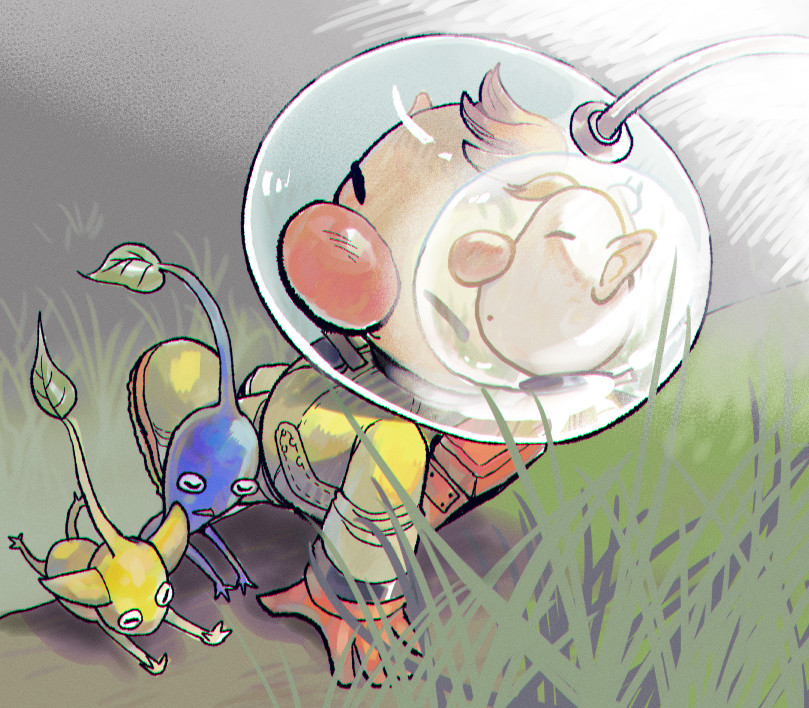 olimar, yellow pikmin, blue pikmin, and louie (pikmin and 1 more) drawn by asaikaina