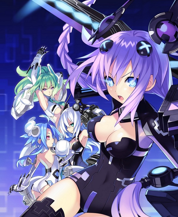 purple heart, black heart, white heart, and green heart (neptune and 1 more) drawn by tsunako
