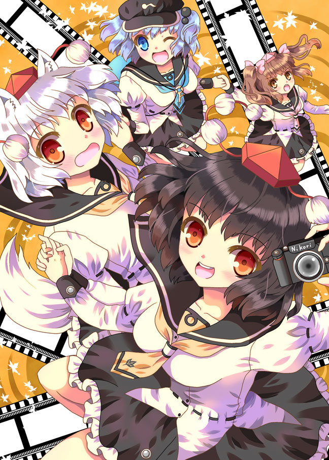 shameimaru aya, inubashiri momiji, kawashiro nitori, and himekaidou hatate (touhou) drawn by hazakura_satsuki
