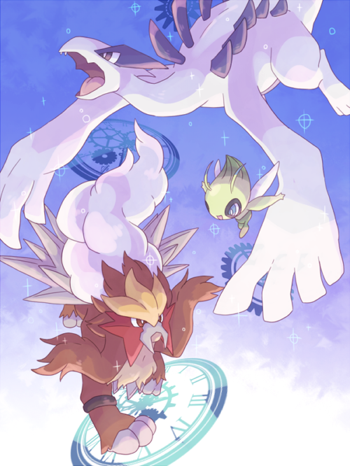 celebi, lugia, and entei (pokemon) drawn by kechon-san