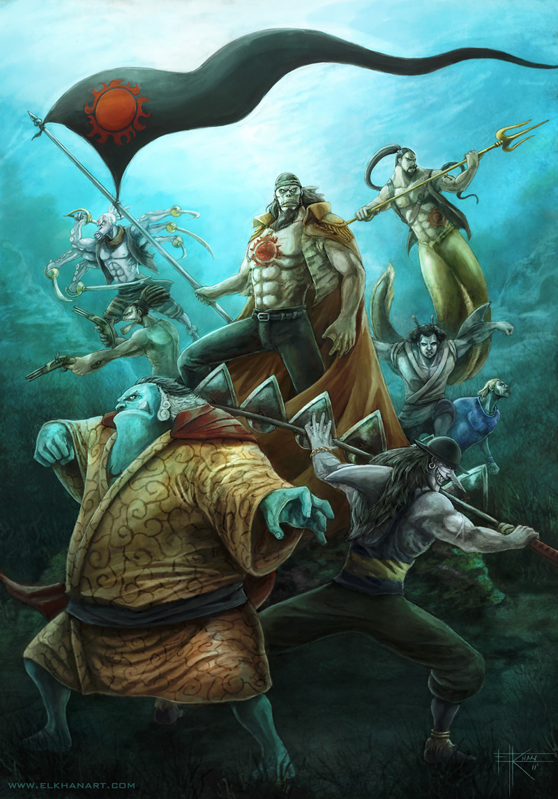 jinbe, arlong, hatchan, fisher tiger, aladdin, and 3 more (one piece) drawn by elkhanart
