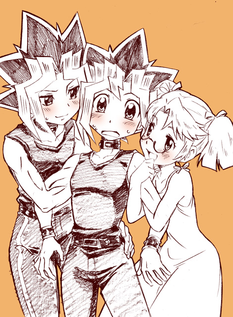 muto yugi, yami yugi, and rebecca hopkins (yu-gi-oh! and 1 more) drawn by hikari_(mitsu_honey)
