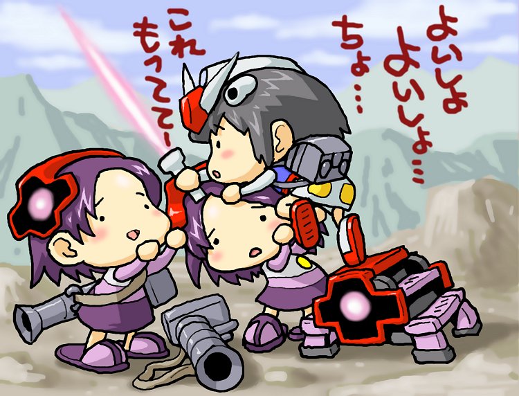 rx-78-2 gundam, dom, and black tri-stars (gundam and 1 more) drawn by nyororiso_(muyaa)