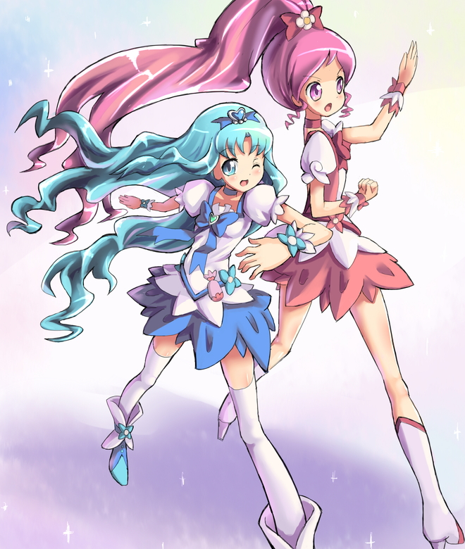 kurumi erika, hanasaki tsubomi, cure marine, and cure blossom (precure and 1 more) drawn by hakkotsu_shitai
