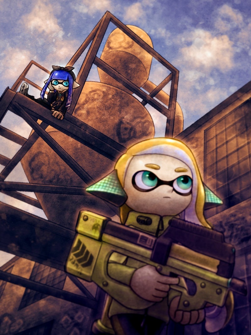 inkling player character, inkling girl, and agent 4 (splatoon and 1 more) drawn by mustard_pudding
