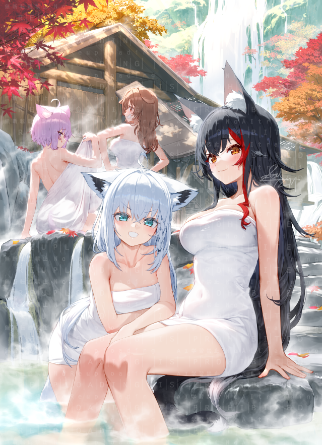 shirakami fubuki, nekomata okayu, ookami mio, and inugami korone (hololive) drawn by izumi_sai