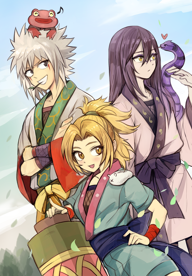 tsunade, jiraiya, orochimaru, katsuyu, gamabunta, and 1 more (naruto) drawn by boring_(brtgm)