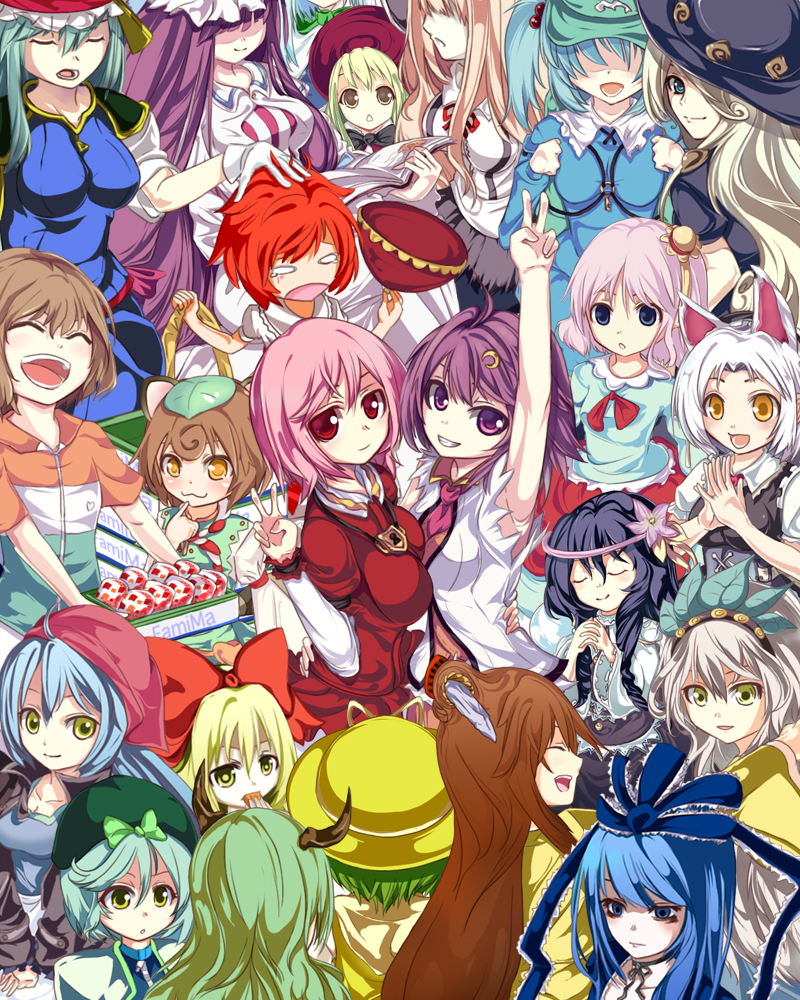 patchouli knowledge, kawashiro nitori, kagiyama hina, satsuki rin, kawashiro mitori, and 14 more (original and 2 more) drawn by nock_(garimoyasi)