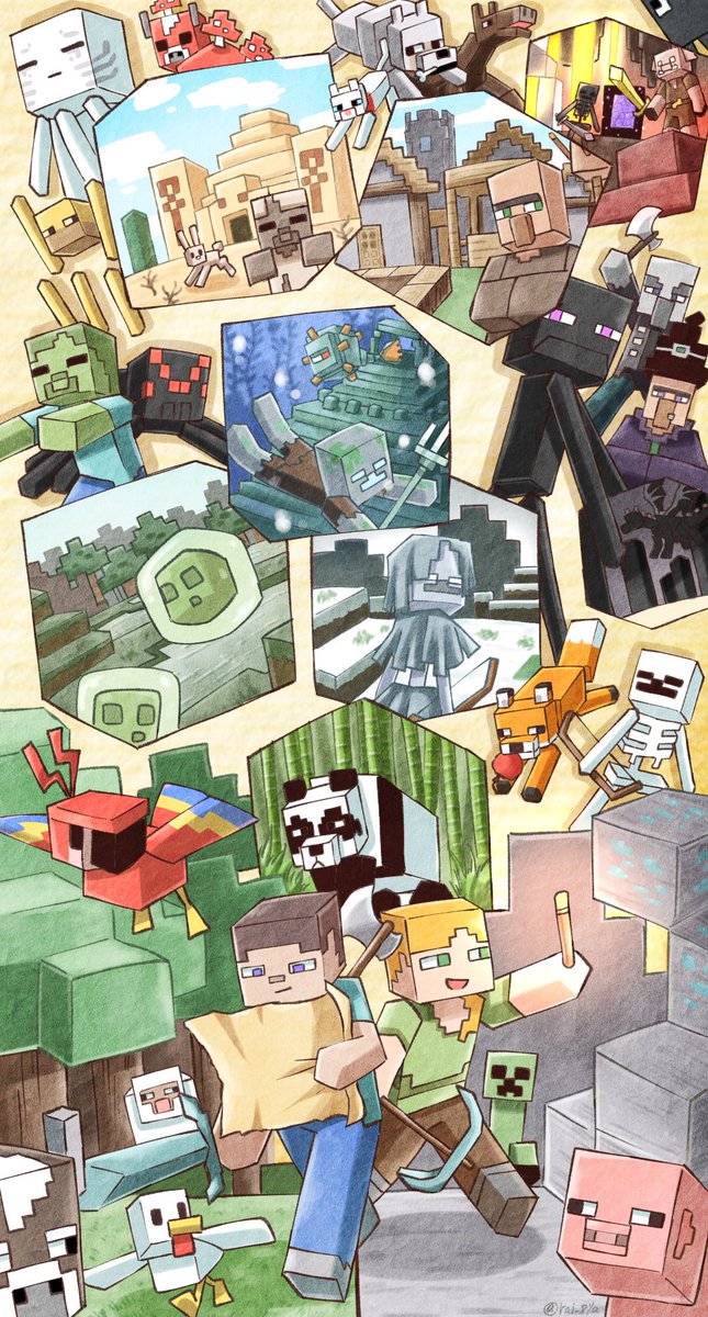 creeper, enderman, steve, alex, ghast, and 27 more (minecraft) drawn by raihachi