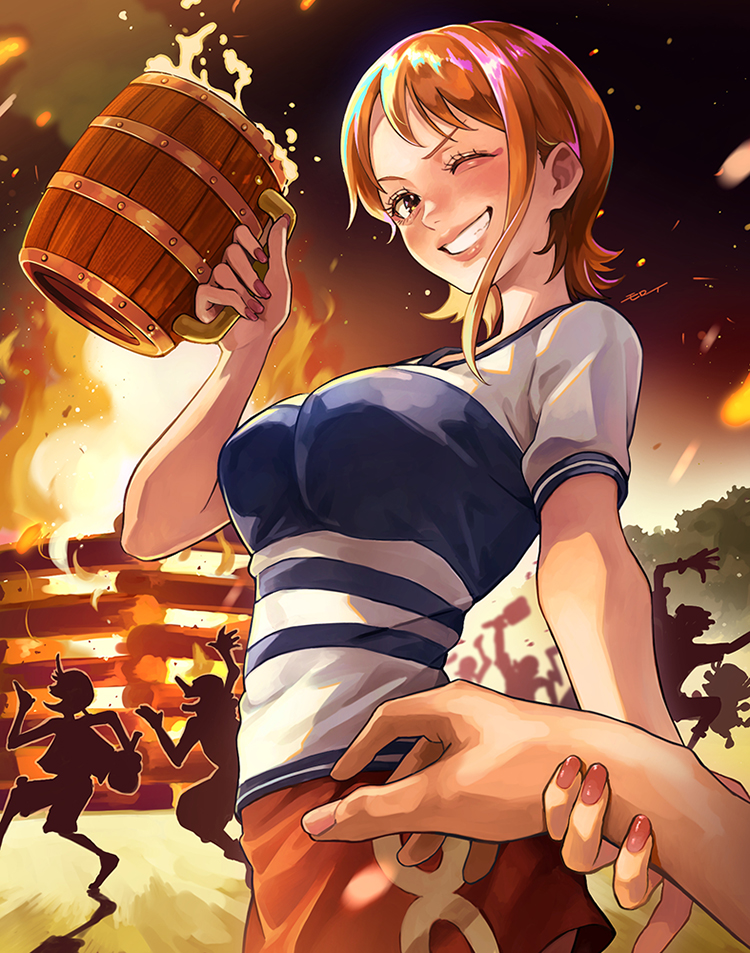 nami, monkey d. luffy, and usopp (one piece) drawn by moroi