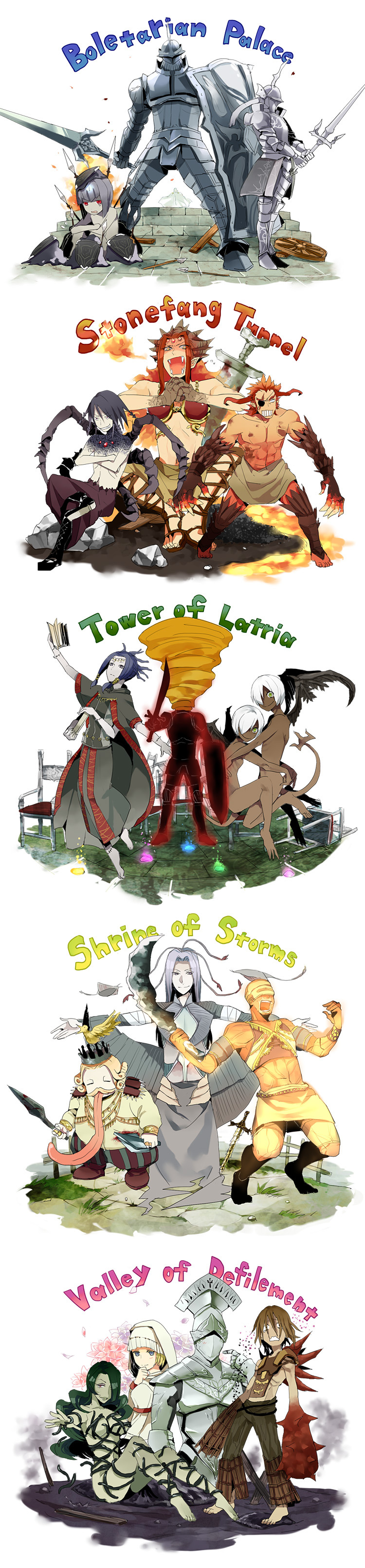 garl vinland, maiden astraea, penetrator, tower knight, fool's idol, and 12 more (demon's souls) drawn by sen_nai