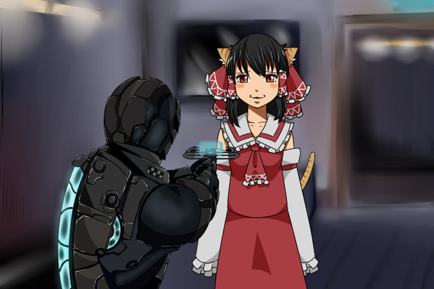 hakurei reimu and isaac clarke (touhou and 2 more) drawn by gingham_(amalgam)
