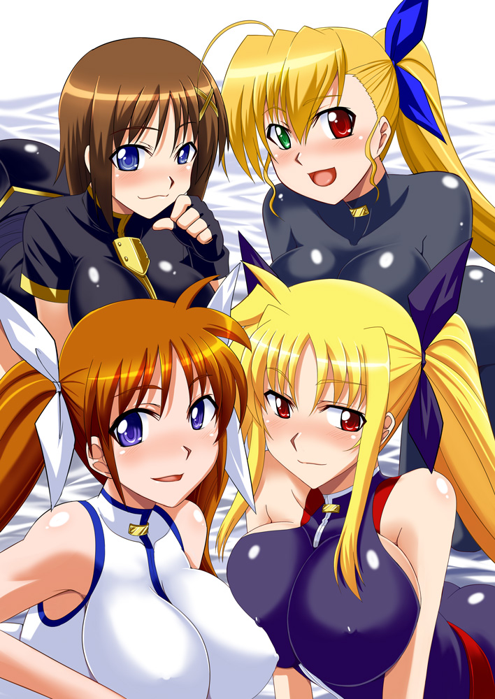 fate testarossa, takamachi nanoha, yagami hayate, and vivio (lyrical nanoha and 2 more) drawn by zerosu_(take_out)