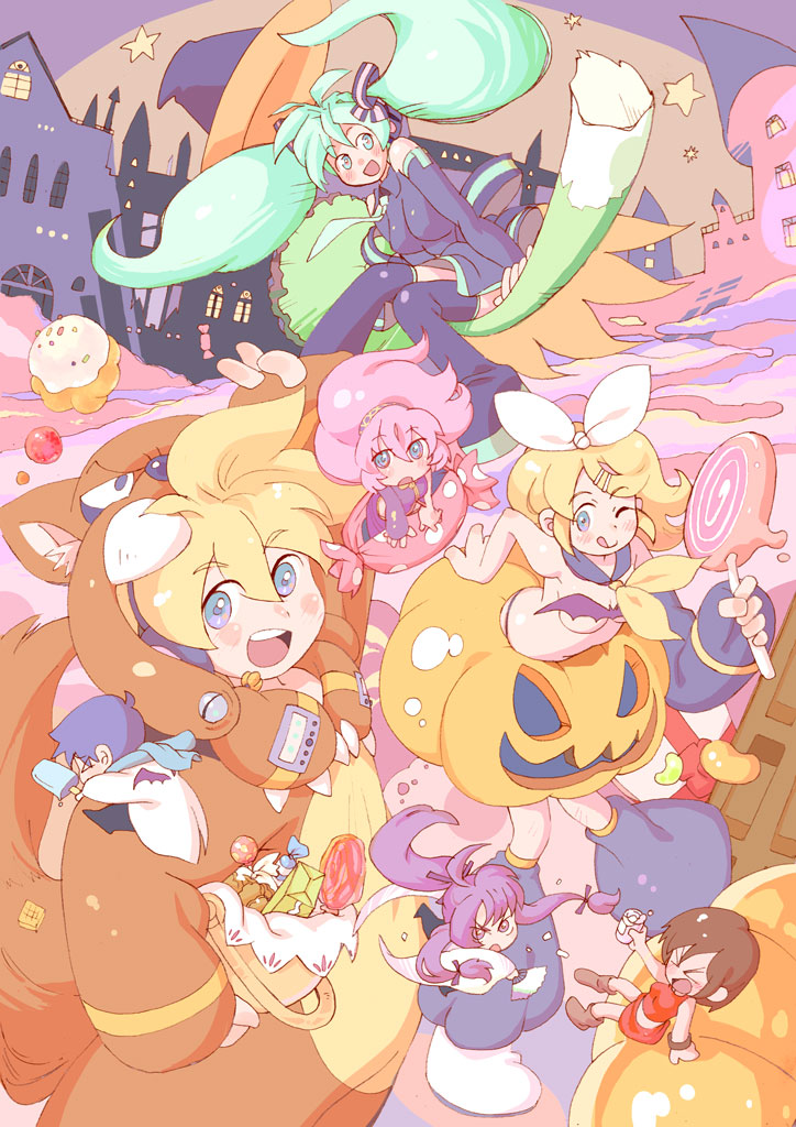 hatsune miku, kagamine rin, kagamine len, megurine luka, kaito, and 2 more (vocaloid) drawn by kashio