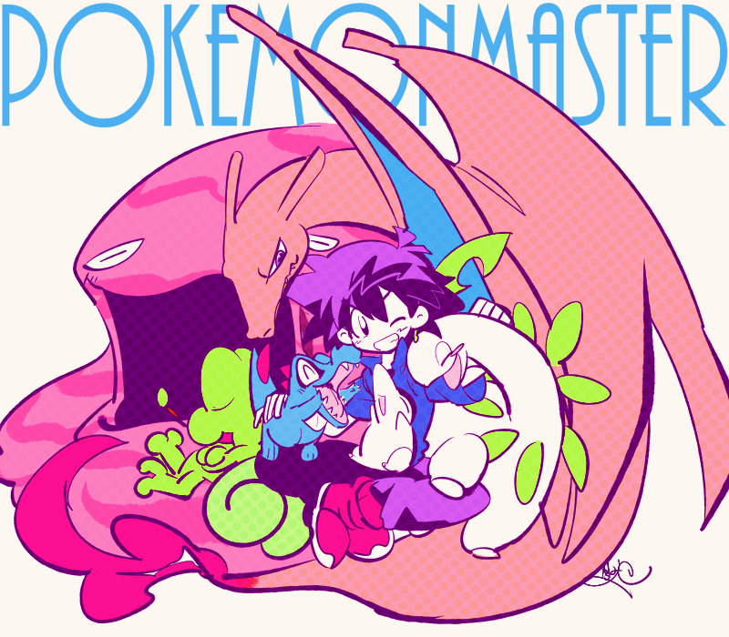 ash ketchum, charizard, cyndaquil, totodile, treecko, and 2 more (pokemon) drawn by sameyama_jiro