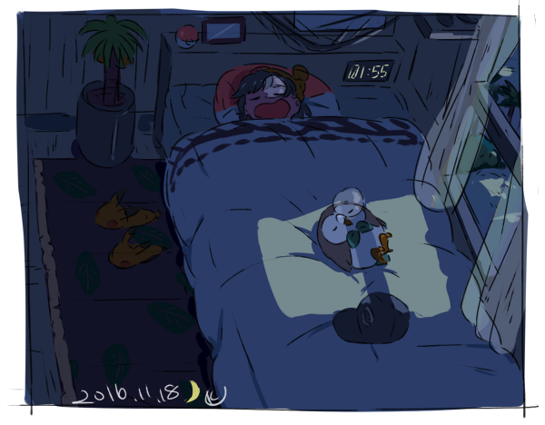 rowlet and elio (pokemon and 1 more) drawn by sushiumai