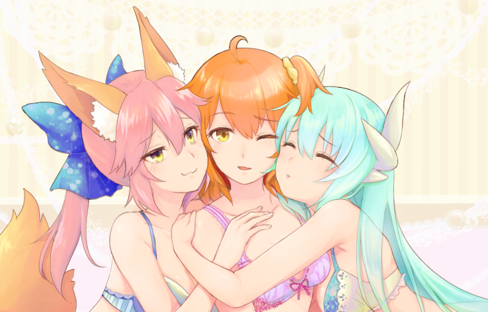 fujimaru ritsuka, tamamo, tamamo no mae, and kiyohime (fate and 2 more) drawn by kemokain