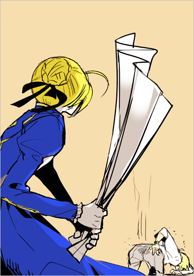artoria pendragon, saber, and gilgamesh (fate and 1 more) drawn by futaba_hazuki
