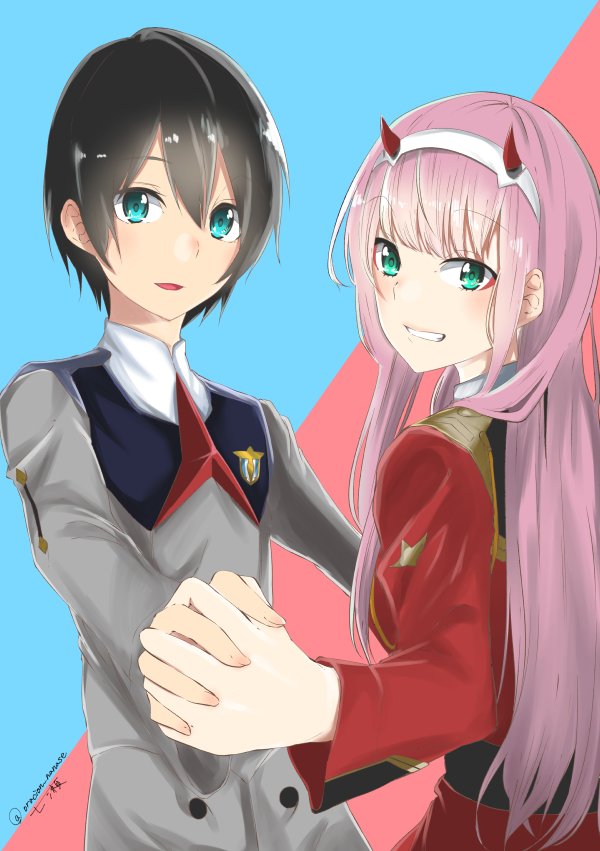 zero two and hiro (darling in the franxx) drawn by oracion_nanase