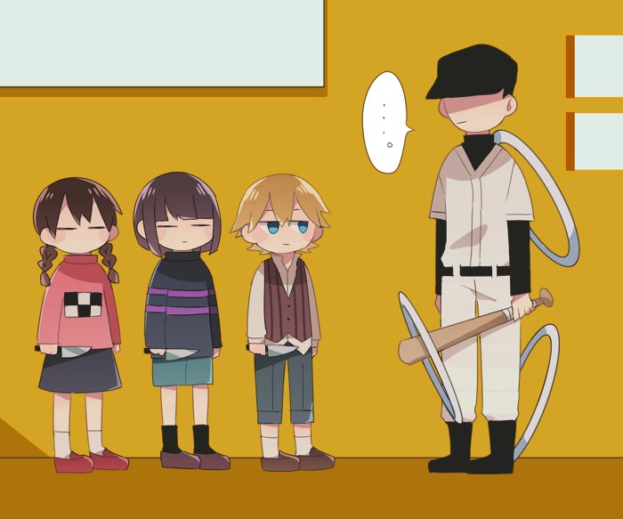 frisk, madotsuki, the batter, add-on, and russell seager (undertale and 3 more) drawn by suyazzz_(soyoyon)