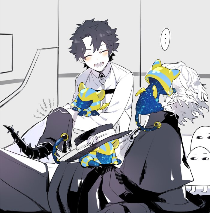 fujimaru ritsuka, cu chulainn, medjed, edmond dantes, mini cu-chan, and 1 more (fate and 1 more) drawn by gaw_(enasa)