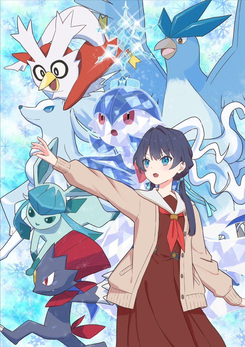 gardevoir, murano sayaka, glaceon, weavile, articuno, and 2 more (pokemon and 2 more) drawn by orange-pengin