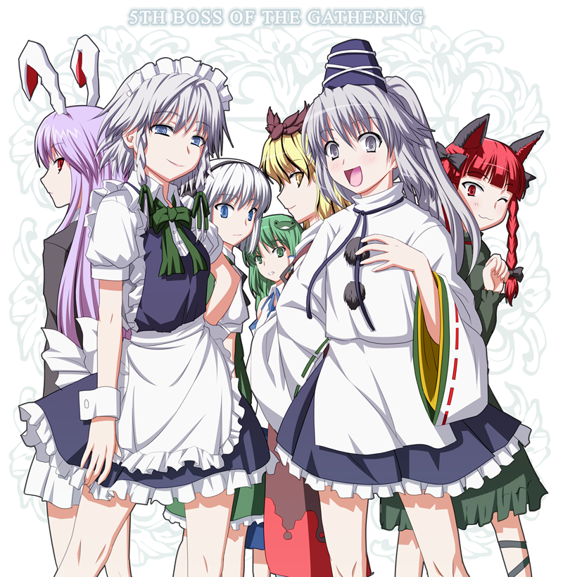 izayoi sakuya, kochiya sanae, konpaku youmu, reisen udongein inaba, kaenbyou rin, and 2 more (touhou) drawn by sumeragi_seisuke