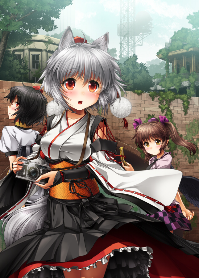 shameimaru aya, inubashiri momiji, and himekaidou hatate (touhou) drawn by kei_kei