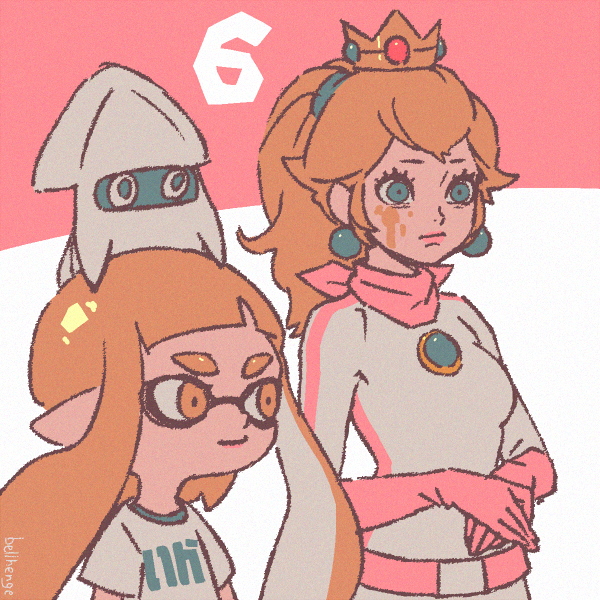 inkling player character, inkling girl, princess peach, blooper, and biker peach (splatoon and 4 more) drawn by bellhenge