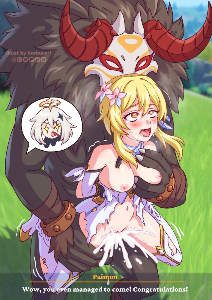 lumine, paimon, and hilichurl (genshin impact) drawn by burbur