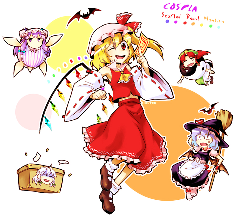 hakurei reimu, kirisame marisa, remilia scarlet, flandre scarlet, izayoi sakuya, and 3 more (touhou) drawn by nightea