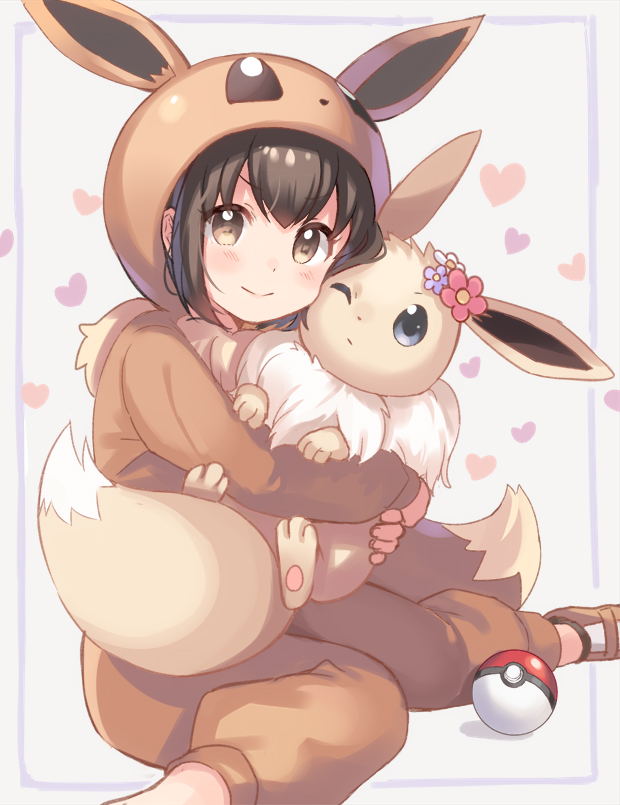 eevee and poke kid (pokemon and 1 more) drawn by kurasawa_moko