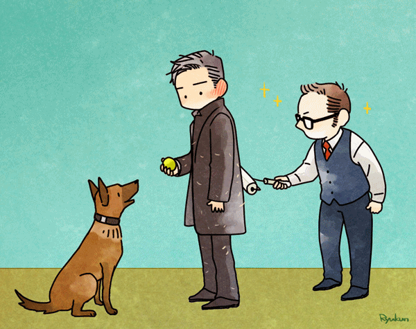 john reese, harold finch, and bear (person of interest) drawn by rainboxxx