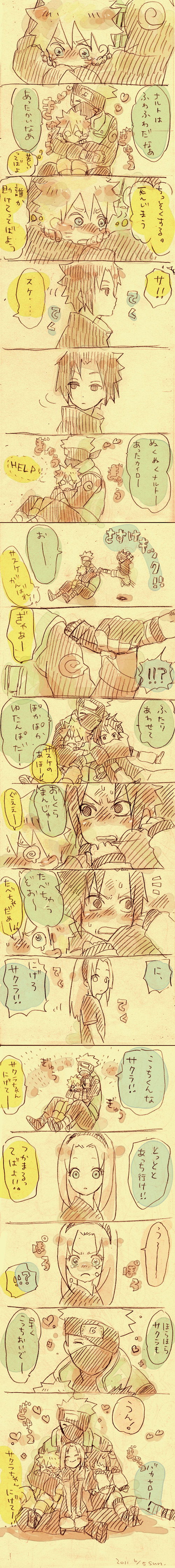 haruno sakura, uzumaki naruto, uchiha sasuke, and hatake kakashi (naruto) drawn by yuhka