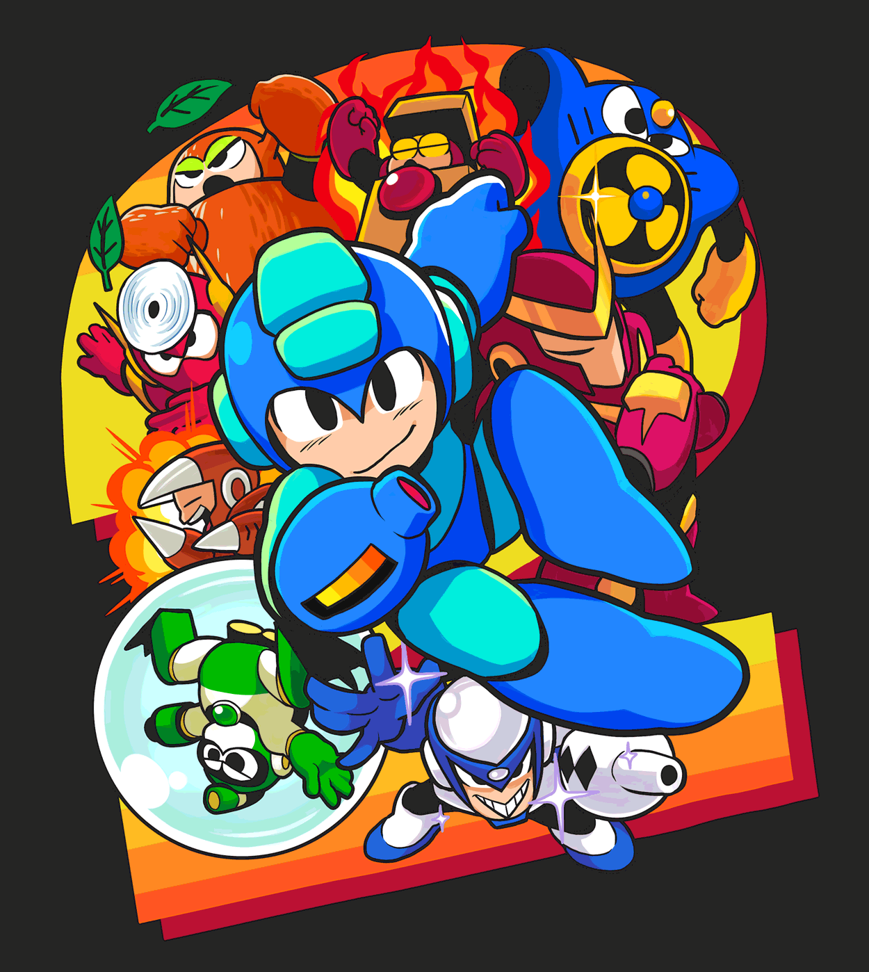 mega man, quick man, metal man, air man, flash man, and 4 more (mega man and 1 more) drawn by gashi-gashi