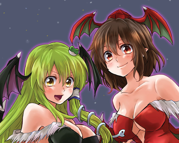 kochiya sanae, shameimaru aya, morrigan aensland, and lilith (touhou and 1 more) drawn by unya