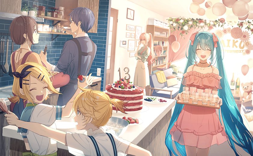 hatsune miku, kagamine rin, kagamine len, megurine luka, kaito, and 1 more (vocaloid) drawn by mrym09yutaka